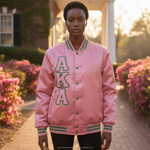 แจ็คเก็ตบอมเบอร์ผ้าซาตินสีชมพูเขียวสำหรับผู้หญิง ยี่ห้อ GREEK AKA แบบสั่งทำพิเศษ แจ็คเก็ตบอมเบอร์ปักลายถักนิตติ้งระบายอากาศได้ดีสำหรับผู้หญิง - Product Image 3