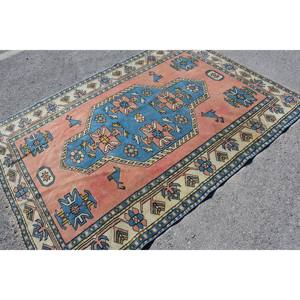 Alfombra Kilim turca Vintage 5,2 X 7.2ft Rectángulo clásico Azul Naranja Diseño de retazos Material de lana Látex Técnica de tejido plano - Product Image 2
