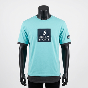 เสื้อยืดคอตตอนพรีเมียม 220 GSM สีฟ้าสำหรับผู้ชาย แต่งชายเสื้อแบบคอนทราสต์  พร้อมโลโก้ปะยาง  แขนเสื้อสองชั้น - Product Image 6