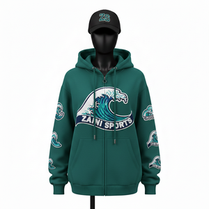 Sweat à capuche zippé pour femme, hiver, 320 GSM, coton doux, polaire en polyester, vert foncé, broderie, logo appliqué, sweat-shirts basiques - Product Image 6