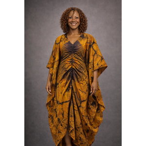 Elegante Abito Kaftano Lungo in Raso Tie-Dye Oro e Nero con Dettagli Traforati - Product Image 1