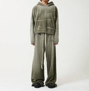 Custom Oversize 400gsm Sweat Suit Baggy Vintage Sun Fade Acid Wash Sudadera con capucha y pantalones de chándal apilados Set Chándal - Product Image 1