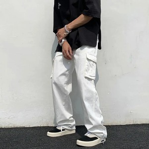 Pantalones Cargo de algodón blanco para hombre, ropa informal estilo Hip Hop, pierna ancha, cintura media, pantalones de chándal de pierna recta con múltiples bolsillos, estilo informal - Product Image 1