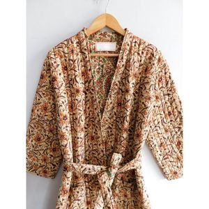 Albornoz acolchado de algodón indio Bloque de mano Kimono estampado floral Ropa de dormir Camisón largo para verano Otoño Primavera - Product Image 3