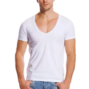 T-shirt blanc pour hommes, personnalisé, épaules tombantes, couleur unie, blanc uni, col en V, haute qualité, t-shirts pour hommes