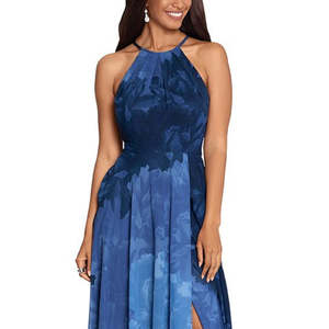 Abito da sera formale da donna Betsy Adam blu taglia 4 in chiffon stampato con scollo all'americana, decorazioni di paillettes e scollo a barchetta, stile impero - Product Image 2