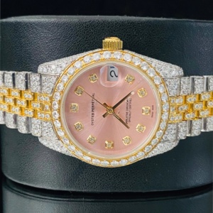 Hoàn toàn Iced của phụ nữ 31mm Hai giai điệu màu hồng quay số moissanite kim cương Đồng hồ đeo tay cho phụ nữ Analog quay số sang trọng xem cho vợ - Product Image 5