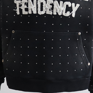 Heavy Weight Distress Applique Logo Washed Hoodies Full Body Rhinestone Black Oversized Cotton Blended Hooded - Product Image 4
