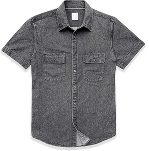 Vaqueros de gran tamaño lavados con ácido Vintage para hombre, Camisa vaquera con bolsillos dobles en el pecho, ropa de abrigo transpirable en blanco 100% algodón, manga corta - Product Image 3