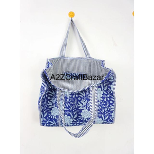 Bolsa de lona con estampado de bloques de algodón hecha a mano con flores azules, bolsa de viaje y yoga para gimnasio, bolsa Kantha acolchada para todos los días para ir de compras - Product Image 6