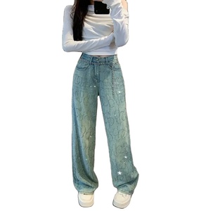 กางเกงยีนส์ทรงขาบานเอวสูงประดับเพชรสำหรับผู้หญิง ผ้ายืด ระบายอากาศ แฟชั่น กางเกงขายาวทรงกว้าง - Product Image 4