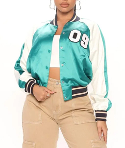 Wholesale 2025 Custom Satin Varsity Jacket with <b>Turn</b> Down Collar Embroidery Decoration Top Seller for Ladies and Men - Product Image 1