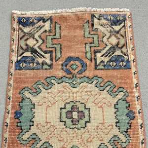 Vintage Rug, Small 1.5x3 ft Turkish Rug, <b>Brown</b> Blue Ikat <b>Wool</b> Rug - Product Image 5