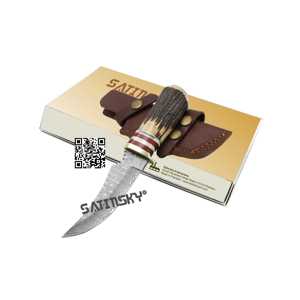 Couteau de chasse avec manche de cerf et traversin en laiton 7.25 "avec couteau de chasse Acier damas: 1095 + 15N20 Acier à haute teneur en carbone - Product Image 3