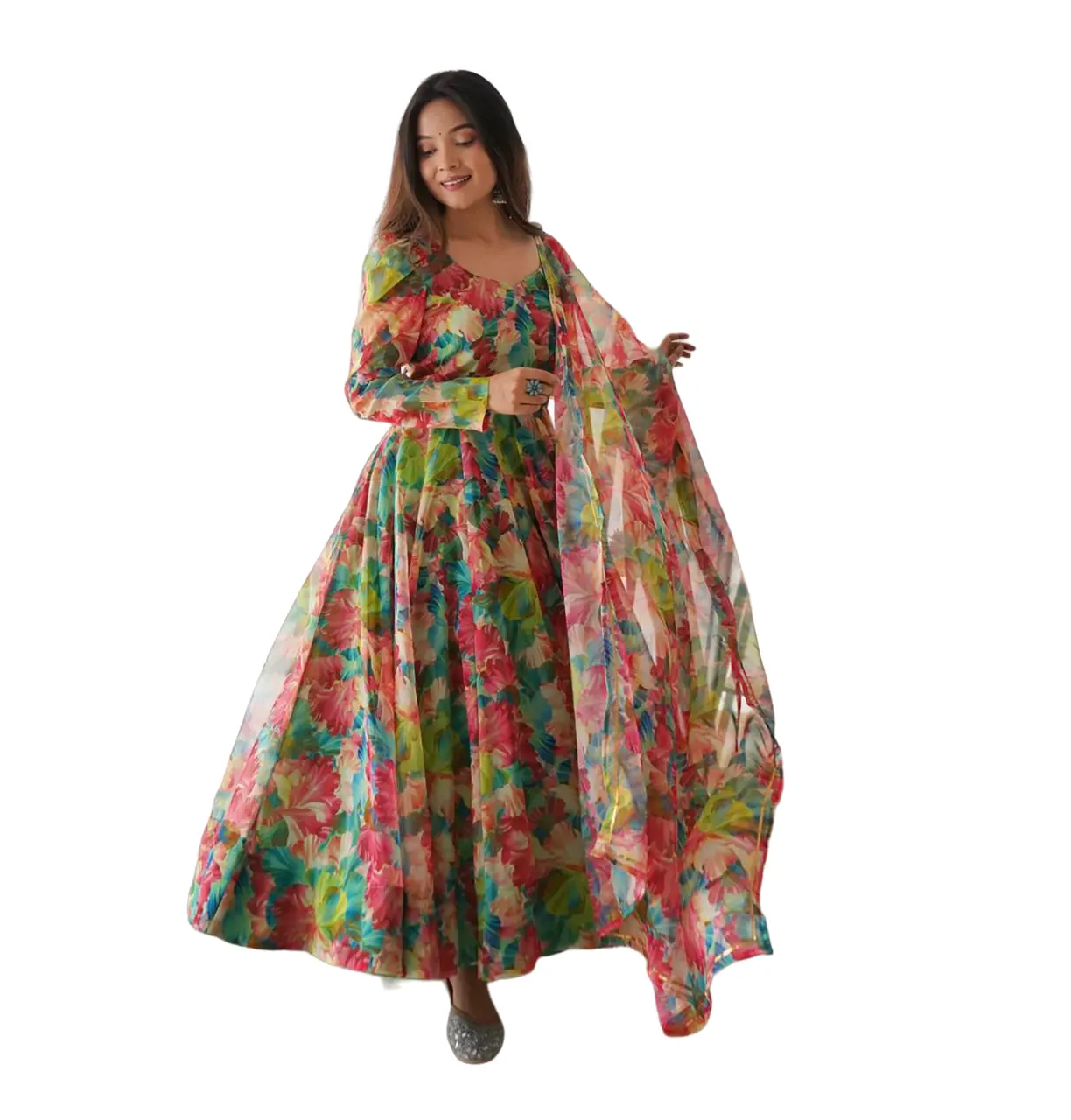 Gaun panjang wanita, Organza gaya India tradisional sutra Digital cetak kerja Anarkali dengan desainer Dupatta dan lengan panjang