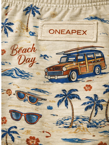 กางเกงชายหาดผู้ชายแบบสั่งทำพิเศษ – กางเกงขาสั้นลำลองพิมพ์ลายวินเทจเอวยางยืดพร้อมเชือกผูก (สีเบจ) - Product Image 5