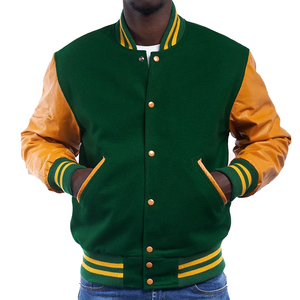 แจ็คเก็ตเบสบอลบอมเบอร์สีเขียวสำหรับทุกเพศเสื้อแจ็กเก็ตทีมเบสบอลแขนหนังสีและโลโก้แบบกำหนดเอง - Product Image 1