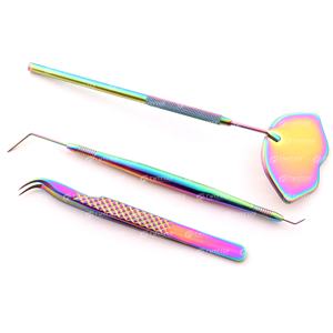 Pinzas de Acero Inoxidable con Recubrimiento de Color Arcoíris de Alta Calidad con Logotipo Personalizado para Extensión de Pestañas con Espejo de Inspección de Pestañas - Product Image 3