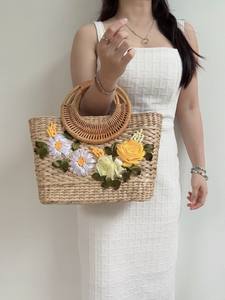 Elegant Natural Water Hyacinth Handcrafted Fashionable <b>Handbag</b> Wooden Handle Two Straps Flowers Eco-Friendly Open Design for - Product Image 4