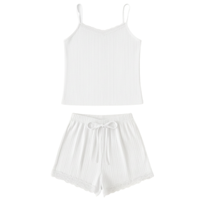 New Arrival Women Knee Skinny Ribbed Knit Lace Trim <b>Camisole</b> Shorts Pajama Set Soft Casual for Wear Wholesale Factory Direct - Product Image 1