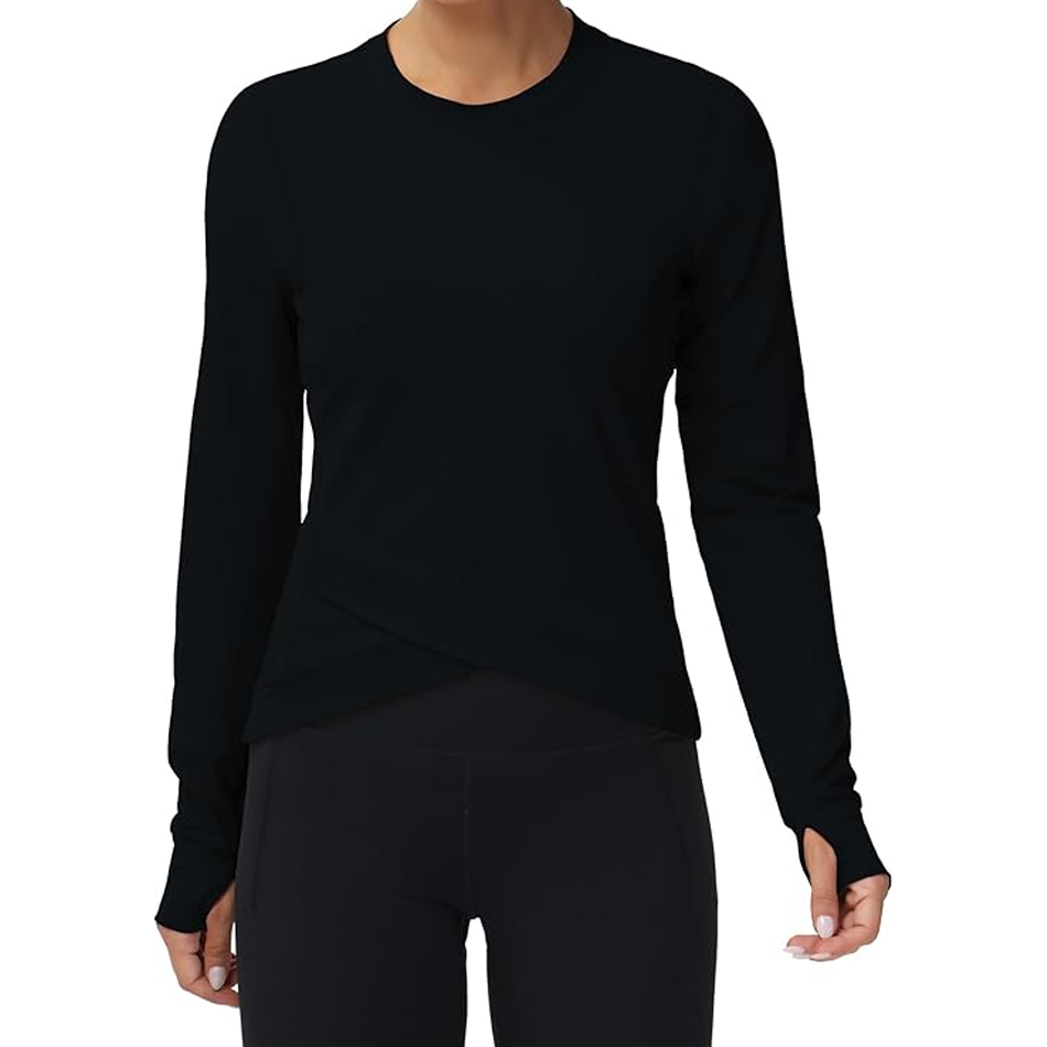 Women's Active Fitness Running Sportswear Cross Hem Polyester Spandex Quick Dry Breathable Long Sleeve Yoga Tops Sport Tee Shirt