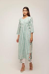 High-End Quality Turquoise Stripe Suit Set Indian Fashion Styled <b>Kurti</b> and Pants Direct From Manufacturer - Product Image 5