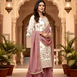 Conjunto Sharara Gharara Kurti Étnico Indio-Pakistaní para Mujer, Personalizable, Terciopelo Viscoso Pesado con Bordado y Lentejuelas de 5mm, Moderno - Product Image 1