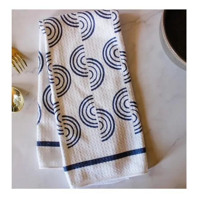 White With Blue Semi Circle All Over Embroidered Durable Anti Pilling Coral Fleece Super Absorbent Kitchen Towels Cleaning Rags