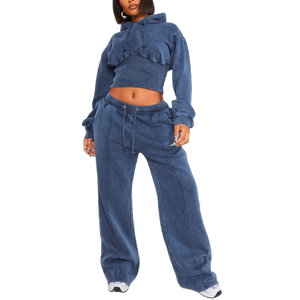 Women's 2 Piece Hooded <b>Crop</b> <b>Top</b> & Wide Leg Jogger Pants <b>Set</b> Solid Color Knitted Casual Loose Fit Winter Wear - Product Image 1