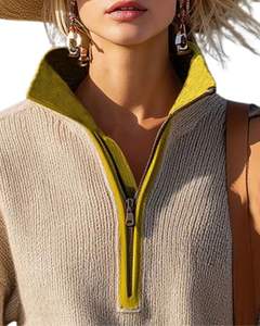 Pull en maille à col montant pour femme, beige avec col contrasté vert olive, maille douce, pull décontracté d'hiver, OEM personnalisé - Product Image 4