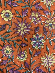 Tela Tradicional Multicolor con Estampado Floral a Mano sobre Base Naranja, Estética Textil Folclórica Mexicana - Product Image 3