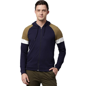 Sweat-shirt à capuche zippé pour homme, color-block, manches raglan, coupe classique, décontracté, en coton tricoté, pour l'automne - Product Image 1