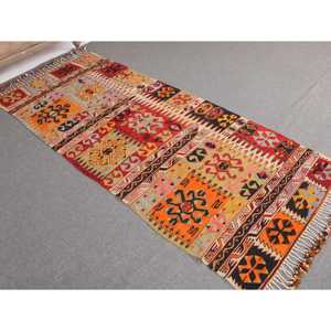Turkish Area Rug 3.3x7.5 ft, <b>Red</b> Floral Vintage <b>Wool</b> Rug - Product Image 1