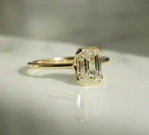 Bezel Set Engagement Ring IGI Certified Emerald Cut Lab Grown Diamond Ring 2.0 Ct Lab Diamond Bridle Solitaire CVD Diamond Ring