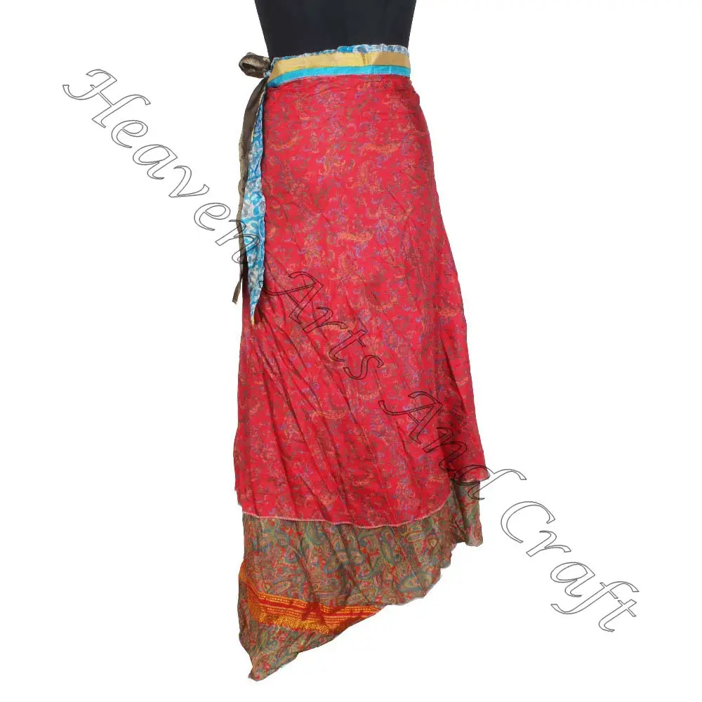 Rajasthani hint bayan giyim sanat ipek Rapron etek 2 katmanlı geri dönüşümlü sihirli ipek Saris Wrap uzun etek plaj kıyafeti vintage ipek