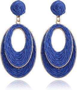 Boucles d'oreilles en raphia faites à la main pour femmes-Bijoux légers Boho Dangle, vacances à la plage d'été, design rond ovale en paille - Product Image 2