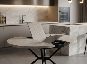 Modern Round to Oval Extendable Dining <b>Table</b> with X-Shaped Metal <b>Legs</b> - Stone Texture Wooden Top Kitchen <b>Table</b> - Space Saving - Product Image 3