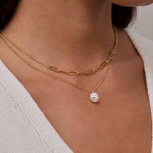Double Chain Pearl <b>Necklace</b> Dainty Layered <b>Necklace</b> 925 Sterling Silver 14K <b>Gold</b> Plated Paperclip Irregular Pearl - Product Image 4