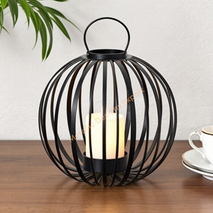 Lanterne en fil métallique noir minimaliste avec porte-bougie, pot à bougie unique, décor intérieur/extérieur élégant, lanterne design ronde - Product Image 2