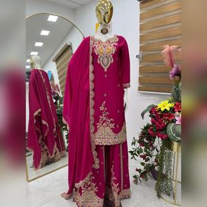 Luxury chinon sharara salwar kameez with heavy <b>thread</b> work top and sharara with dupatta pair for casual outing premium finish - Product Image 6