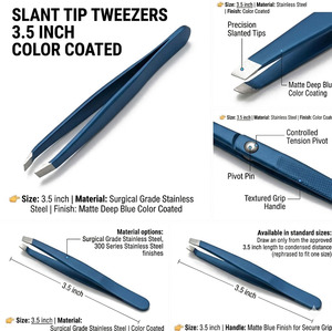 Pinzas Profesionales de Punta Inclinada de 3.5 Pulgadas, Color Azul, Recubiertas, Pinzas de Precisión para Depilación de Cejas - Product Image 5