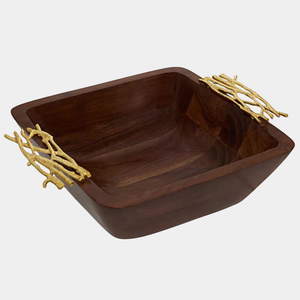Bol de service en bois naturel de conception traditionnelle pour la cuisine à manger bol de vaisselle avec bol de service d'accent de fleur d'argent en vente - Product Image 2