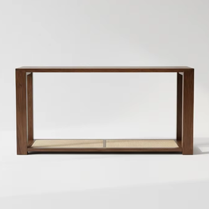 Mesa Consola de Madera de Caucho Marrón y Chapa de Roble PKP con Ribete de Ratán Natural - Diseño Moderno, Ecológico y Duradero para Sala de Estar - Product Image 1