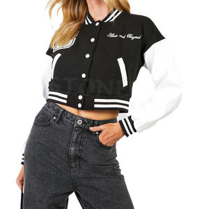 Winter Collection Crop Varsity Cropped Women <b>Jacket</b> with <b>White</b> Leather Sleeves Winter Products 2023 Baseball Coat - Product Image 1