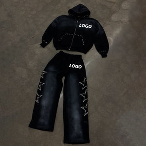 Survêtements de haute qualité avec strass et broderie, ensemble de survêtements avec fermeture éclair et effet soleil, impression baggy 100% coton, logo personnalisé pour hommes - Product Image 1
