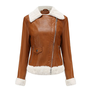 Custom Women's Brown Shearling Leather <b>Jacket</b> Faux Fur Lined Winter <b>Warm</b> Biker Coat Asymmetrical Zipper Casual Outerwear - Product Image 3