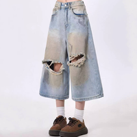 Shorts en jean délavé Y2K, style baggy, longueur genou, déchirés, jorts vintage peints à la main, demi-jeans pour femmes