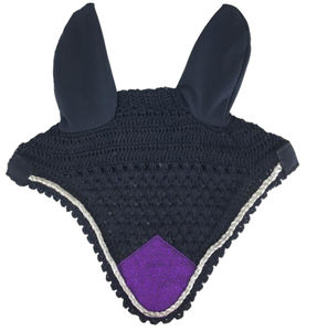 Velo antimoscas para caballo de ganchillo negro con detalles morados y ribete de cuerda plateada, suave, de alta calidad, cómodo, con cubre orejas, gorro ecuestre hecho a mano - Product Image 3