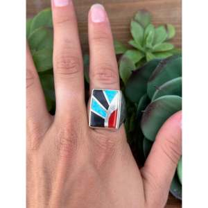 Navajo Handcrafted <b>Turquoise</b> & Opal Sterling Silver Inlay <b>Ring</b> for Men Size 9.5 Rhodium Plated Fine Jewelry - Product Image 2