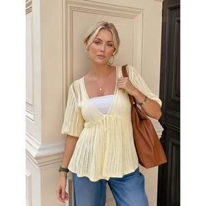 Women's Casual Open-Knit <b>Short</b> <b>Sleeve</b> <b>Cardigan</b> with Embroidered Print - Product Image 1